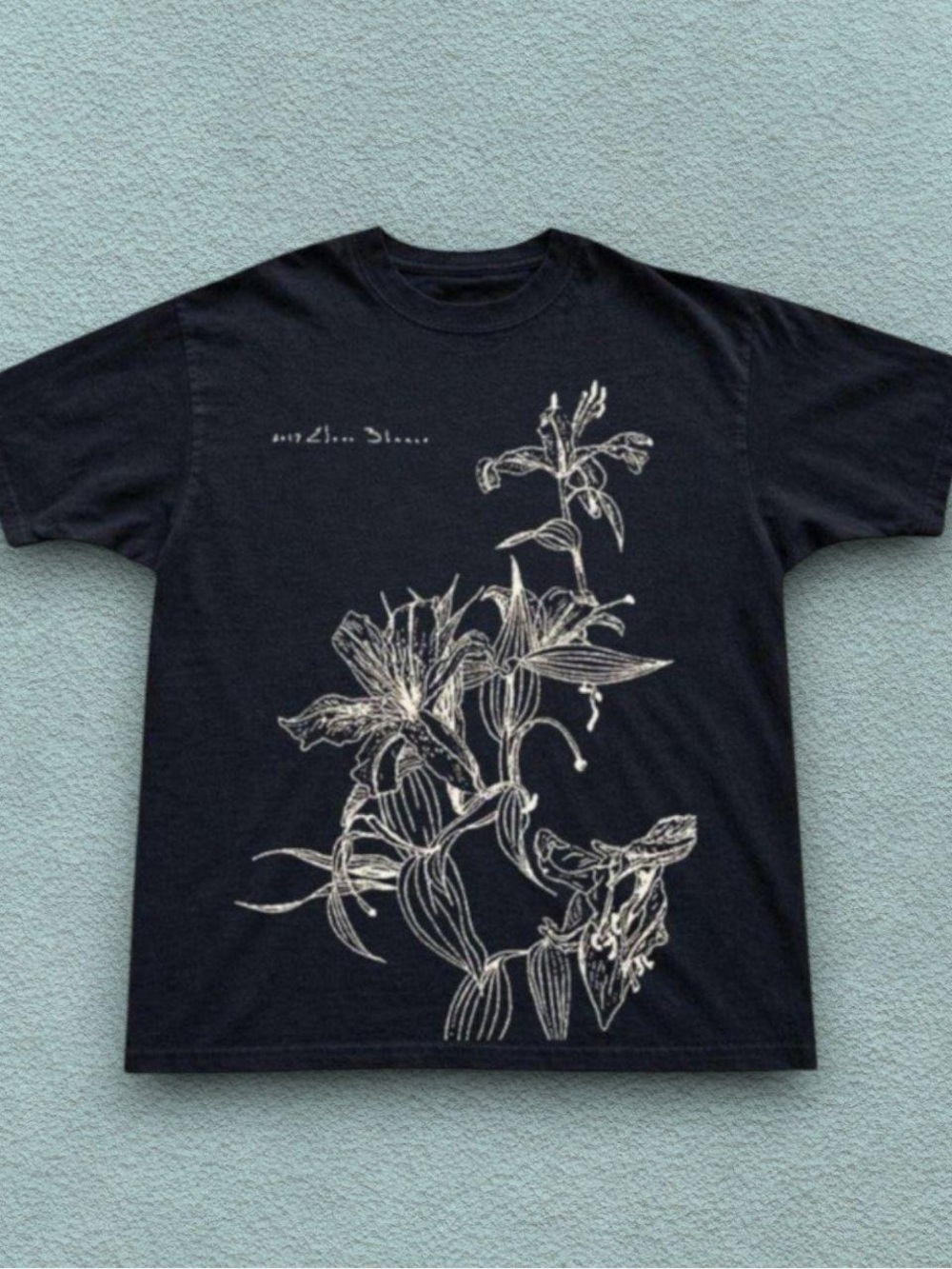 Gildan Black Tee with White Floral Line Art